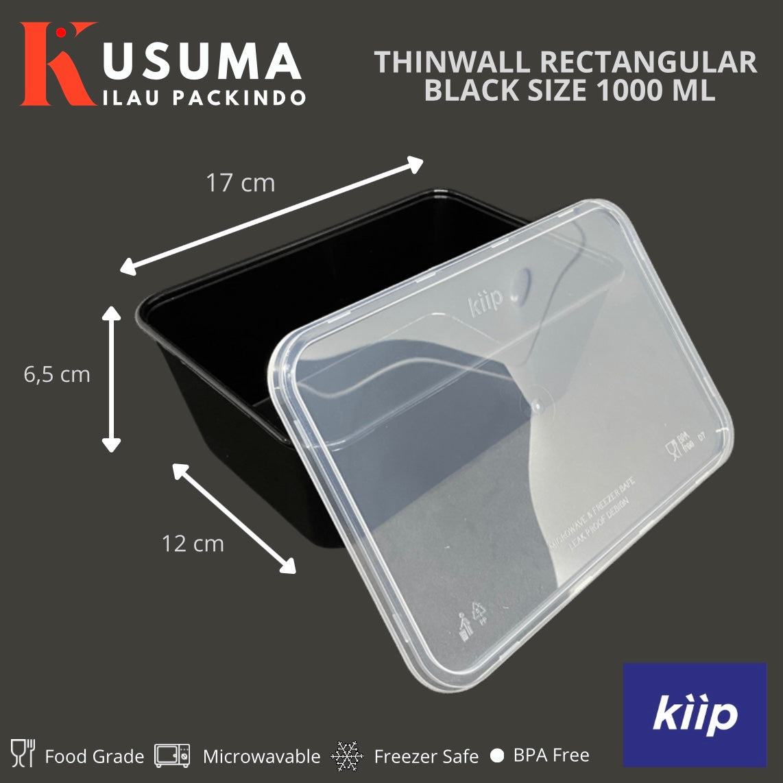 KIIP THINWALL RECTANGLE BLACK SIZE 1000 ML