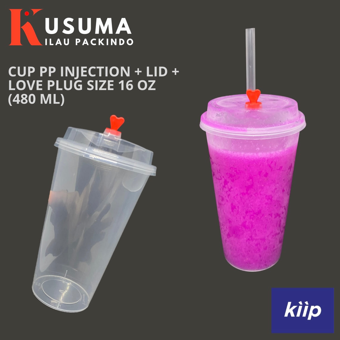 KIIP INJECTION CUP PP WITH LID & RED LOVE PLUG SIZE 16 OZ (480 ML)